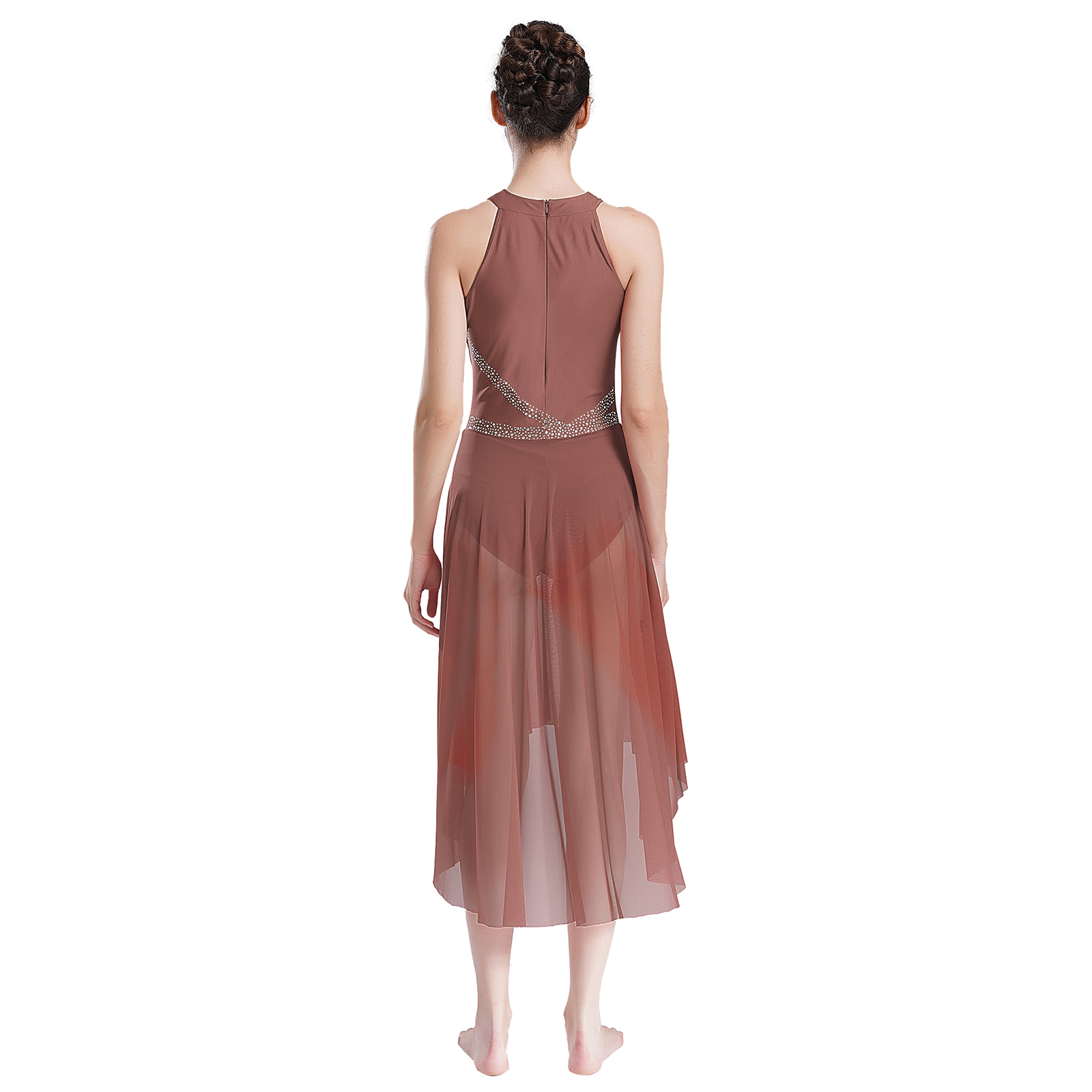 Robe de danse lyrique et contemporaine pour femme, col halter, en maille, justaucorps de gymnastique, ornée de strass, froncée, pour spectacle
