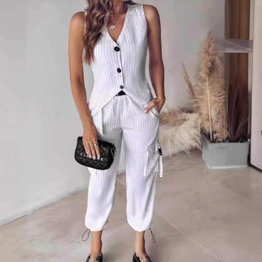 Ensemble Pantalon Élégant Rayé et Boutonné de Couleur Unie, Streetwear, 2 Pièces, Nouvelle Collection Printemps 2024