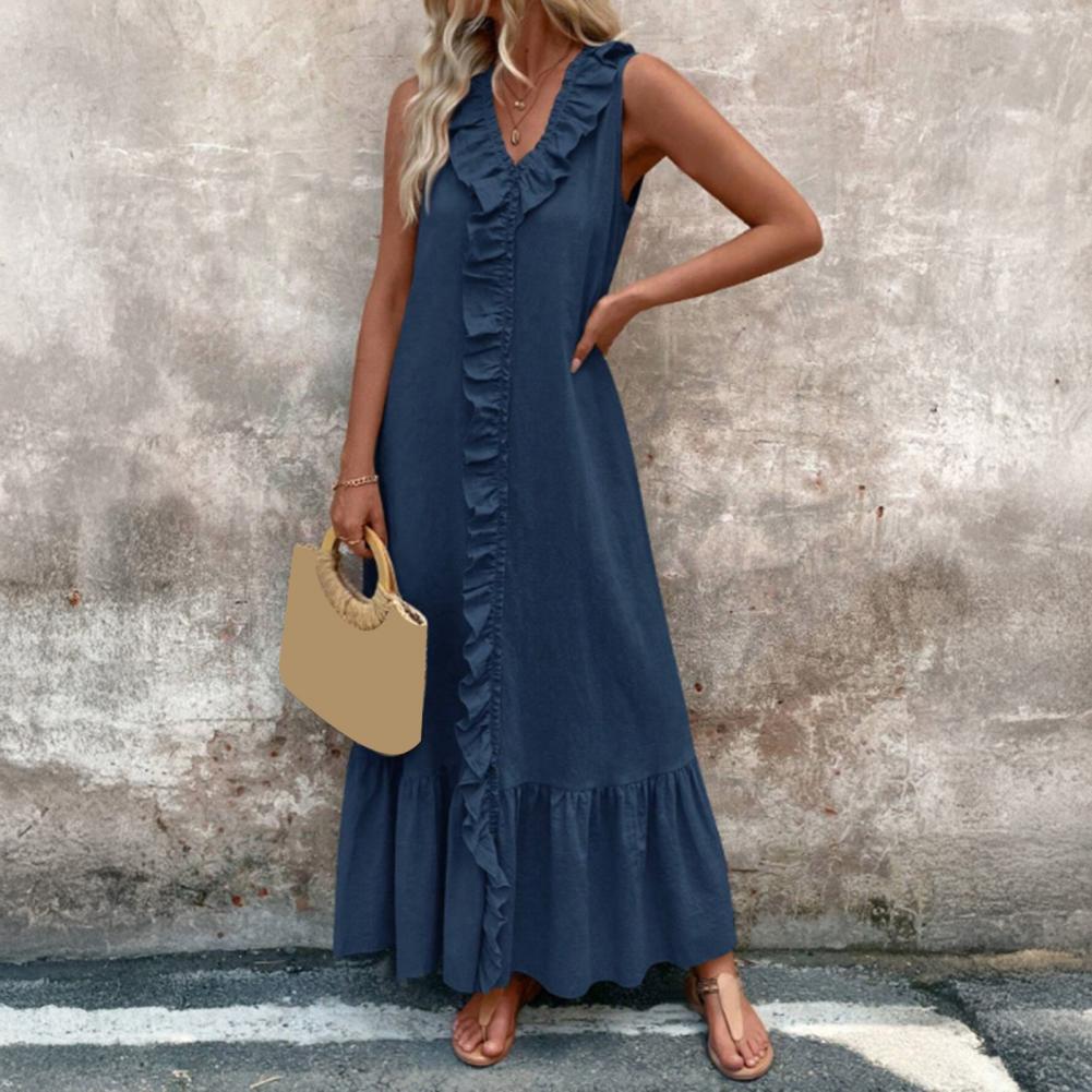 Robe longue en coton et lin pour femmes, à volants, décontractée, sans manches, col en v, tunique, débardeur, plage, balançoire, été