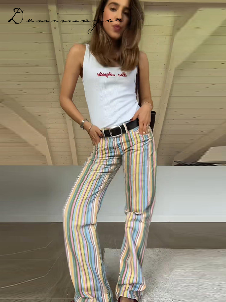 Jean femme taille basse coupe droite jambe large à rayures arc-en-ciel color block avec fermetures éclair, Nouveauté 2026, style décontracté streetwear pour les vacances