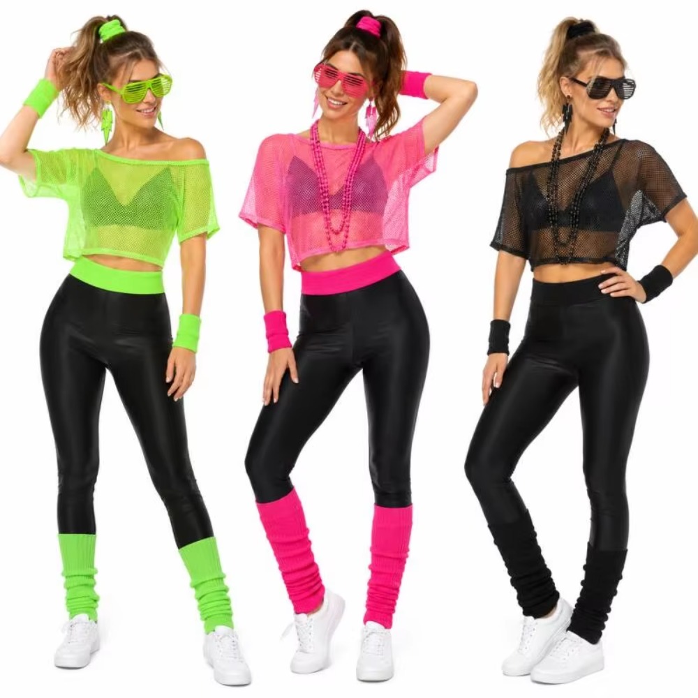 Ensemble de tenue disco hippie des années 80, haut court en maille néon, chauffe-jambes, bandeau, boucles d'oreilles, lunettes, accessoires de costume rétro pour Halloween et carnaval