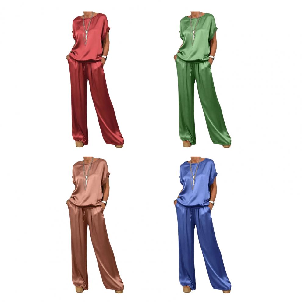 Ensemble deux pièces pour femmes en satin simple, mode estivale, chemisier ample à manches courtes, pantalon à jambes larges, tenues décontractées pour femmes
