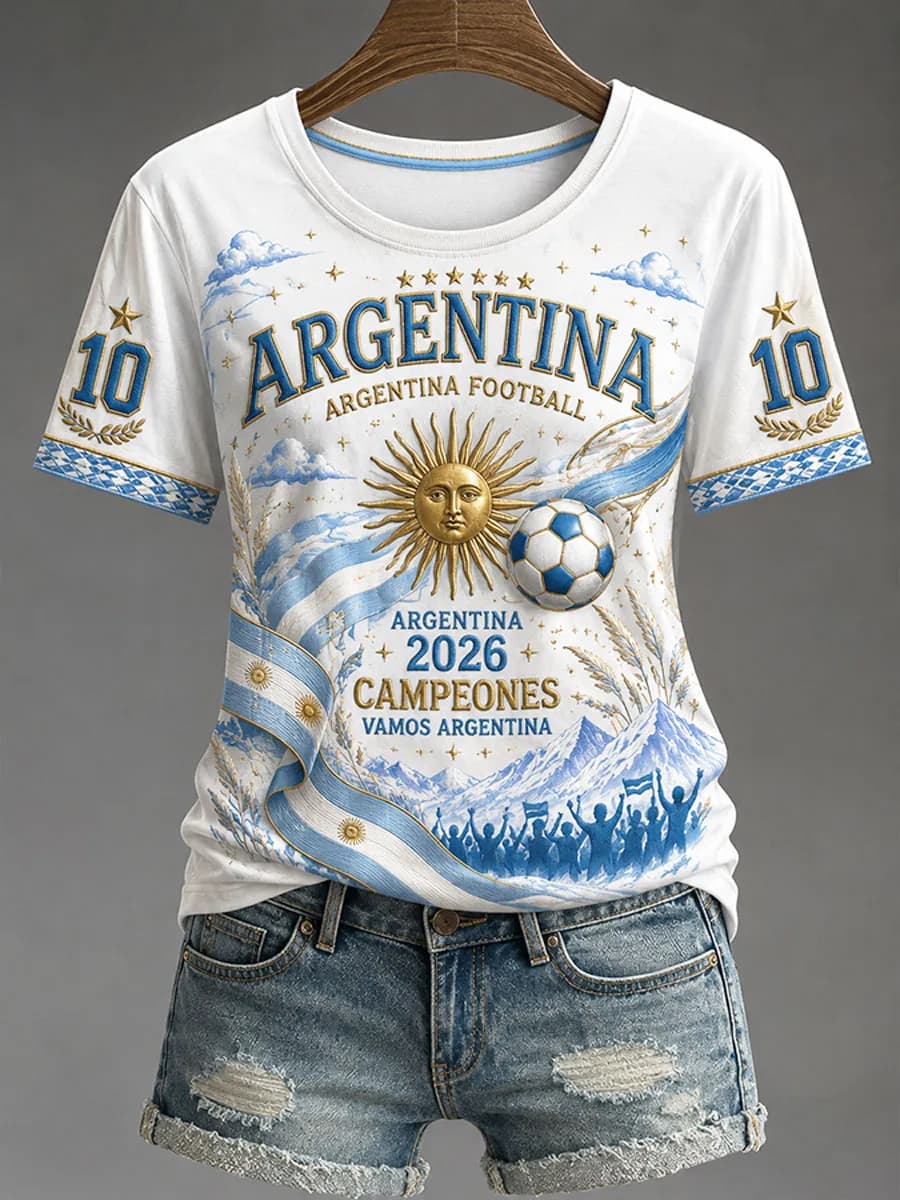 Maillot de football Argentine 2026 pour femme, manches courtes, imprimé national, T-shirt de football respirant et décontracté pour fans