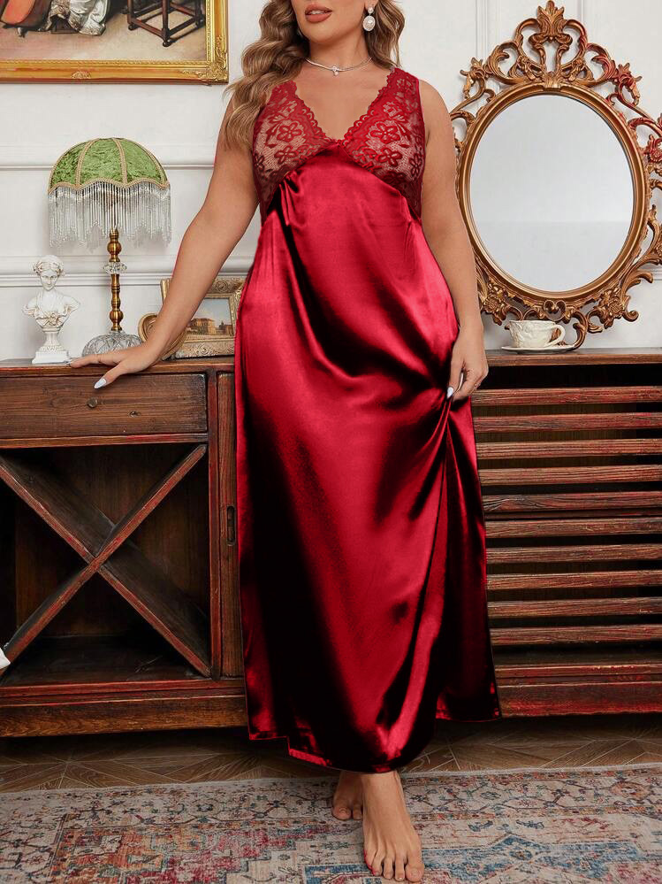 Robe de nuit longue en satin rouge bordeaux pour femme, avec dentelle, col en V, sans manches, grande taille, sexy et ajustée, pour la maison
