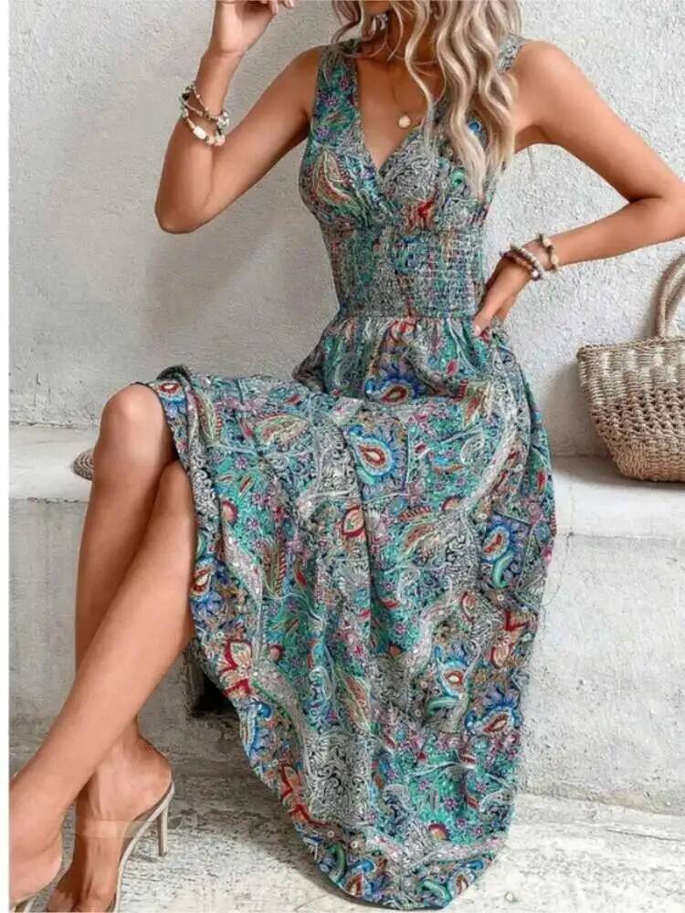 Robe d'été style Boho pour femmes, sans manches, imprimée, tenue de plage, de fête, élégante, décontractée, pour les vacances, M9MW