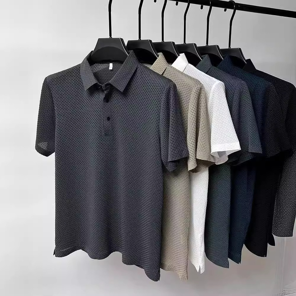 Polo en soie glacée XL-5XL pour homme, T-shirt d'été à manches courtes, col revers, décontracté, respirant, haut simple