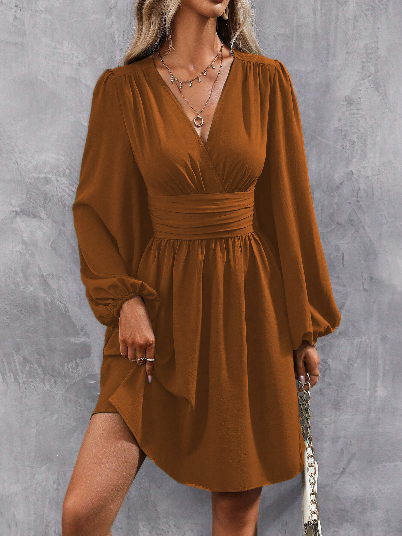 Robes 2025 femme vêtements col en V lanterne manches Wrap Mini robe taille froncée ourlet fluide élégant pour les Styles d'automne et de fête ﻿