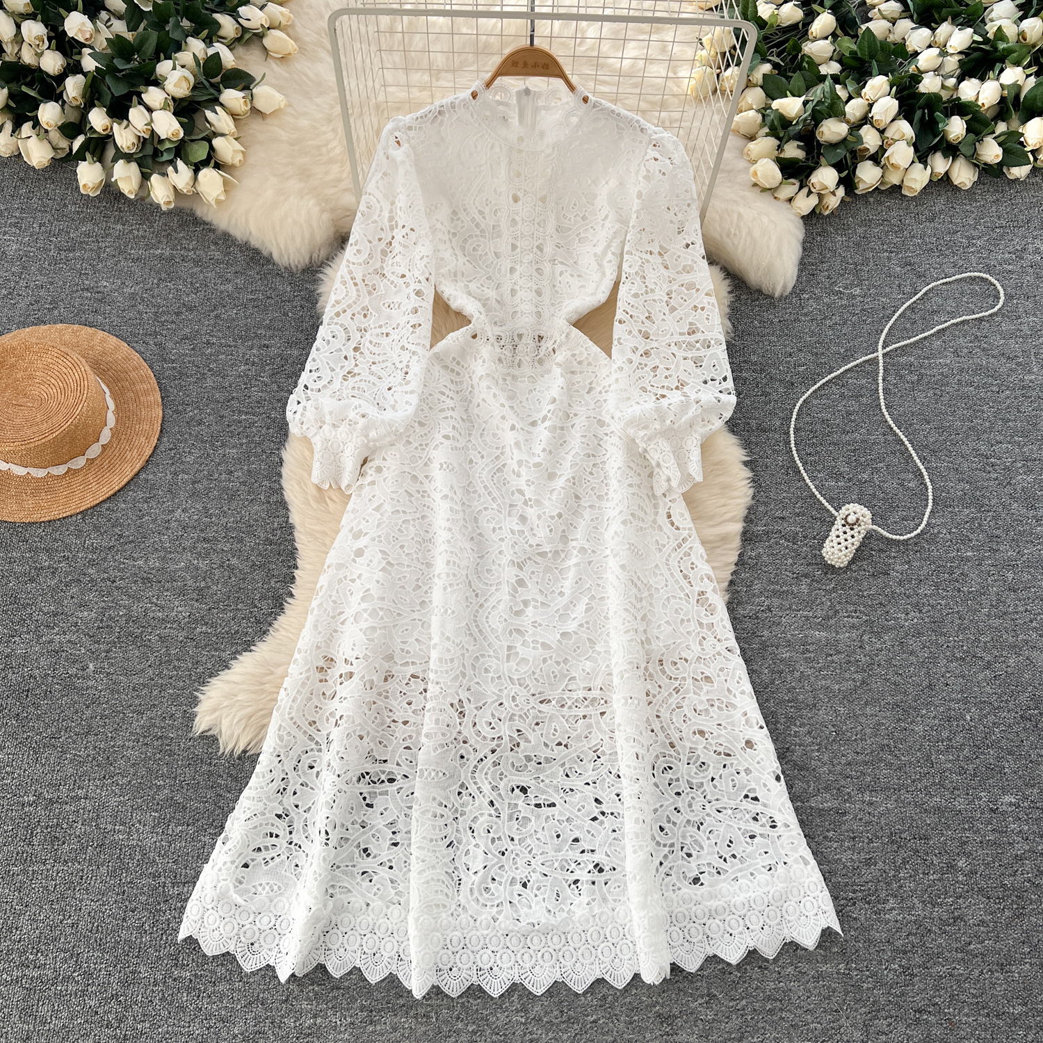 Robe longue en dentelle pour femmes, manches lanternes, ligne A, ajourée, taille haute, Streetwear, épissure élégante, mariage Y2k, blanc