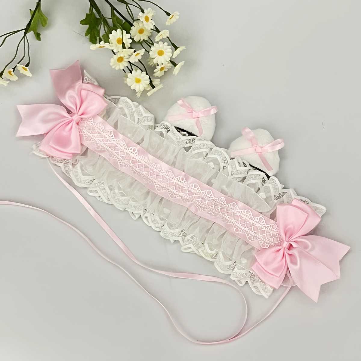 Anime peluche bête oreilles Lolita dentelle bandeau dentelle arc pince à cheveux ​ Coiffe de cosplay de femme de chambre à nœud doux