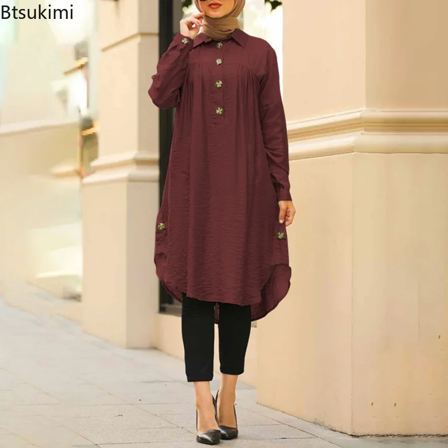 Chemisier musulman solide pour femmes, chemise longue Simple en coton et lin, arabie saoudite, Islam, hauts pour dames, robes trapèze, été 2026