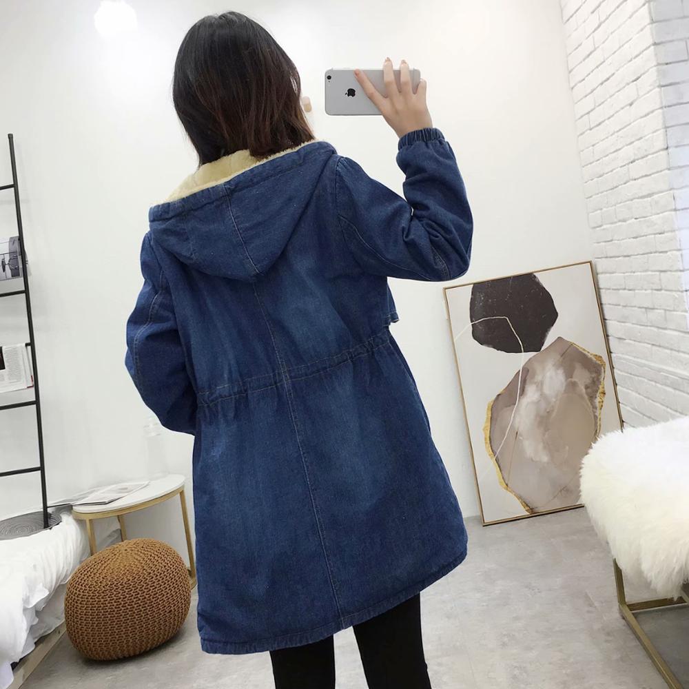 Nouveau aux femmes Jean Veste L'hiver Mode Chaud Épaissir Plus Velours Coton Parkas Manteau Lâche Encapuchonné Longue Hauts Manteau Vêtements d'extérieur Femelle