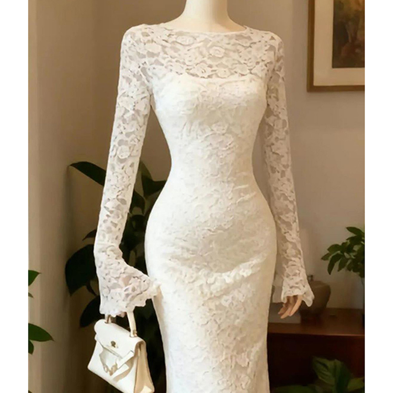 Robe élégante en dentelle française pour femmes, manches longues, robe en crochet douce et fine, robe de soirée blanche transparente, robe de soirée chic, vestidos féminins