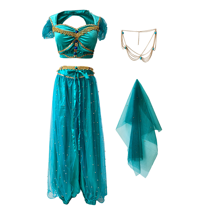 Costume de danse orientale Aladdin, tenue de cosplay d'Halloween, ensemble haut et pantalon avec voile indien Bollywood, couleur turquoise, pour femmes/filles, costume de fête