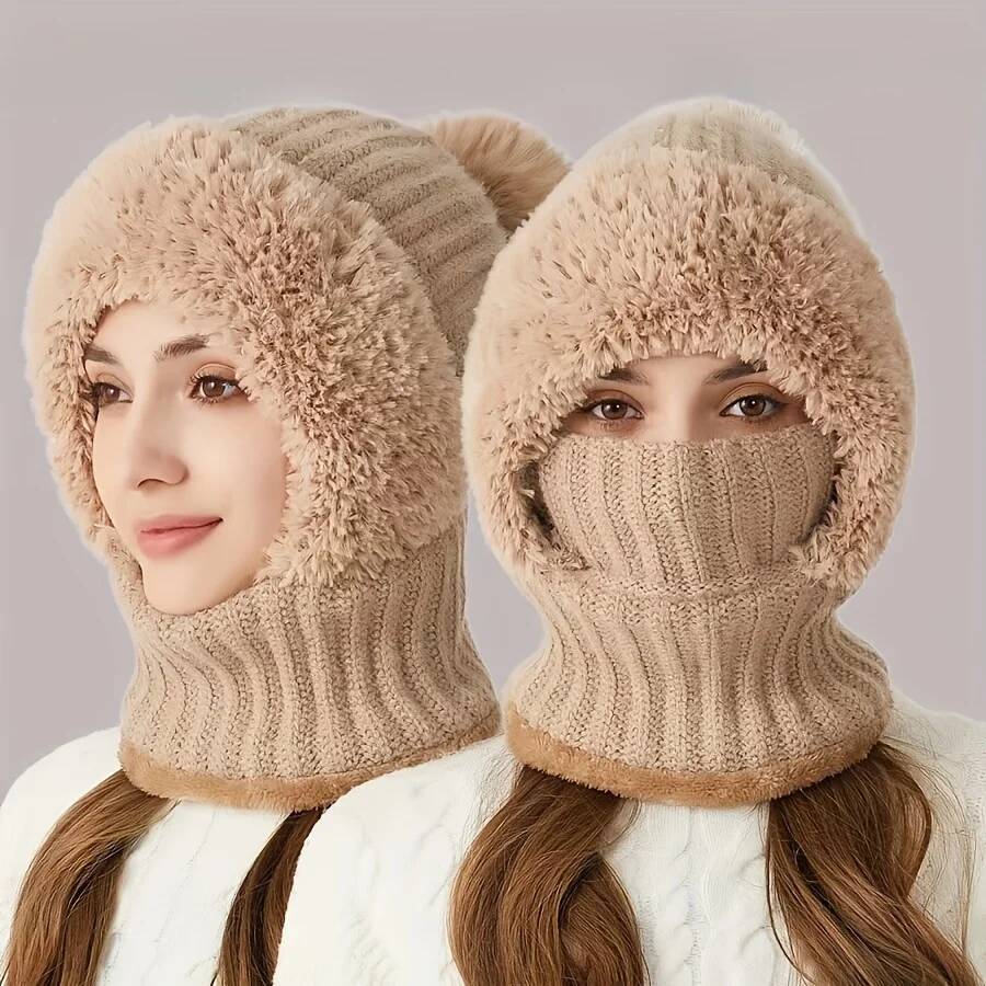 3 en 1 bonnet avec écharpe et masque hiver chaud femmes tricoté bonnet chapeau polaire doublé hiver écharpe masque ensemble casquettes de neige chapeaux