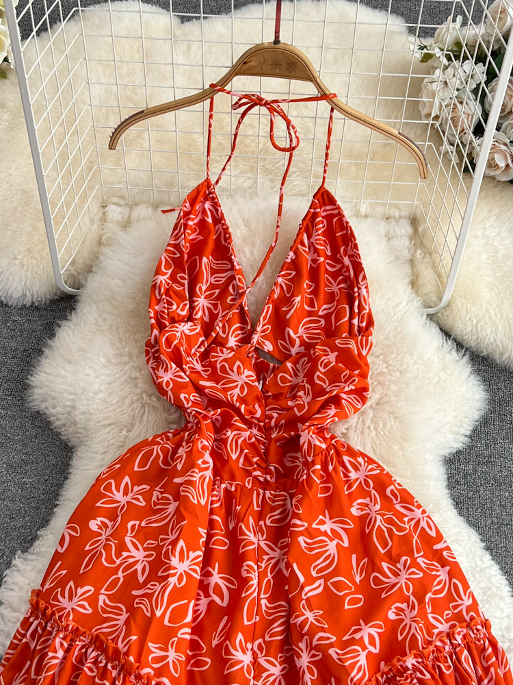 Robe Longue de Plage pour Femme, Tenue de Soirée Sexy, Col en V, Dos aux, Imprimé Floral, Orange, Style Boho