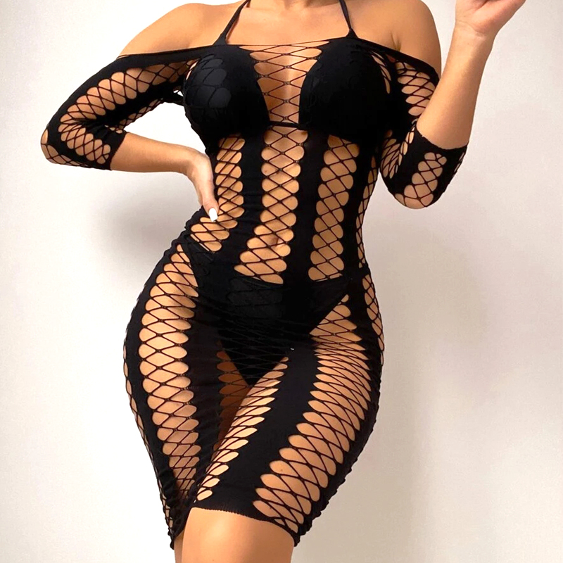 Robe longue sexy en résille pour femme, transparente et moulante, idéale comme tenue de nuit ou de plage (sans bikini)