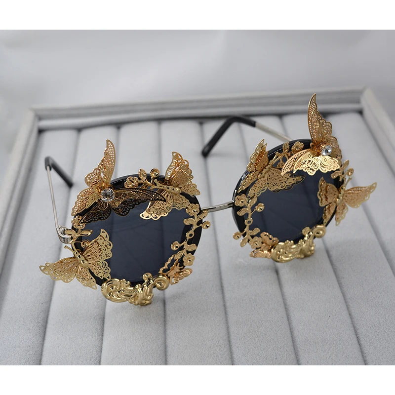 Lunettes de soleil de luxe rondes baroques, monture métallique à fleurs, style vintage, design de marque, accessoires de mode décontractés pour l'extérieur, lunettes de soleil pour femmes
