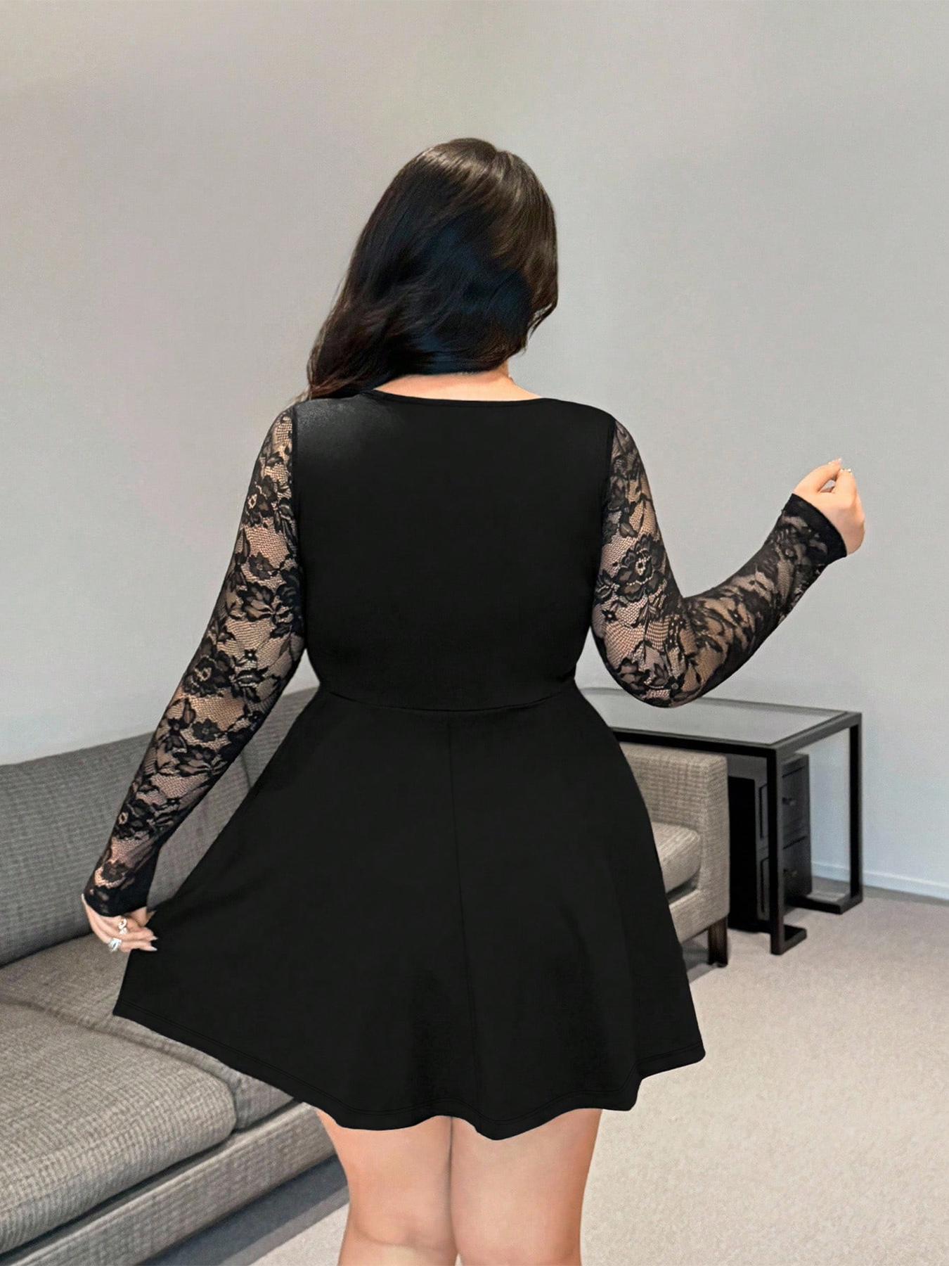 Robe en dentelle à manches longues pour femmes, grande taille, robe courte en dentelle, tenue décontractée chic, vêtements de printemps et d'été, robe quotidienne