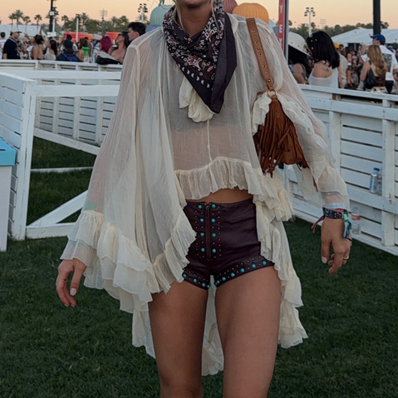 Chemisier châle transparent style bohème avec écharpe à volants en mousseline, idéal pour festival de musique, rave, ou comme tenue de plage à ourlet irrégulier