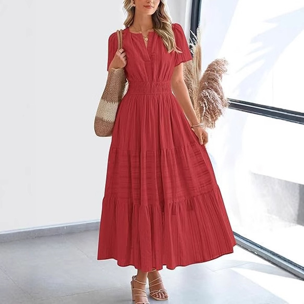 Robe longue bohème pour femme, col en V, manches bouffantes plissées, patchwork, robes de soirée mi-longues plissées XRFZC-RX9938