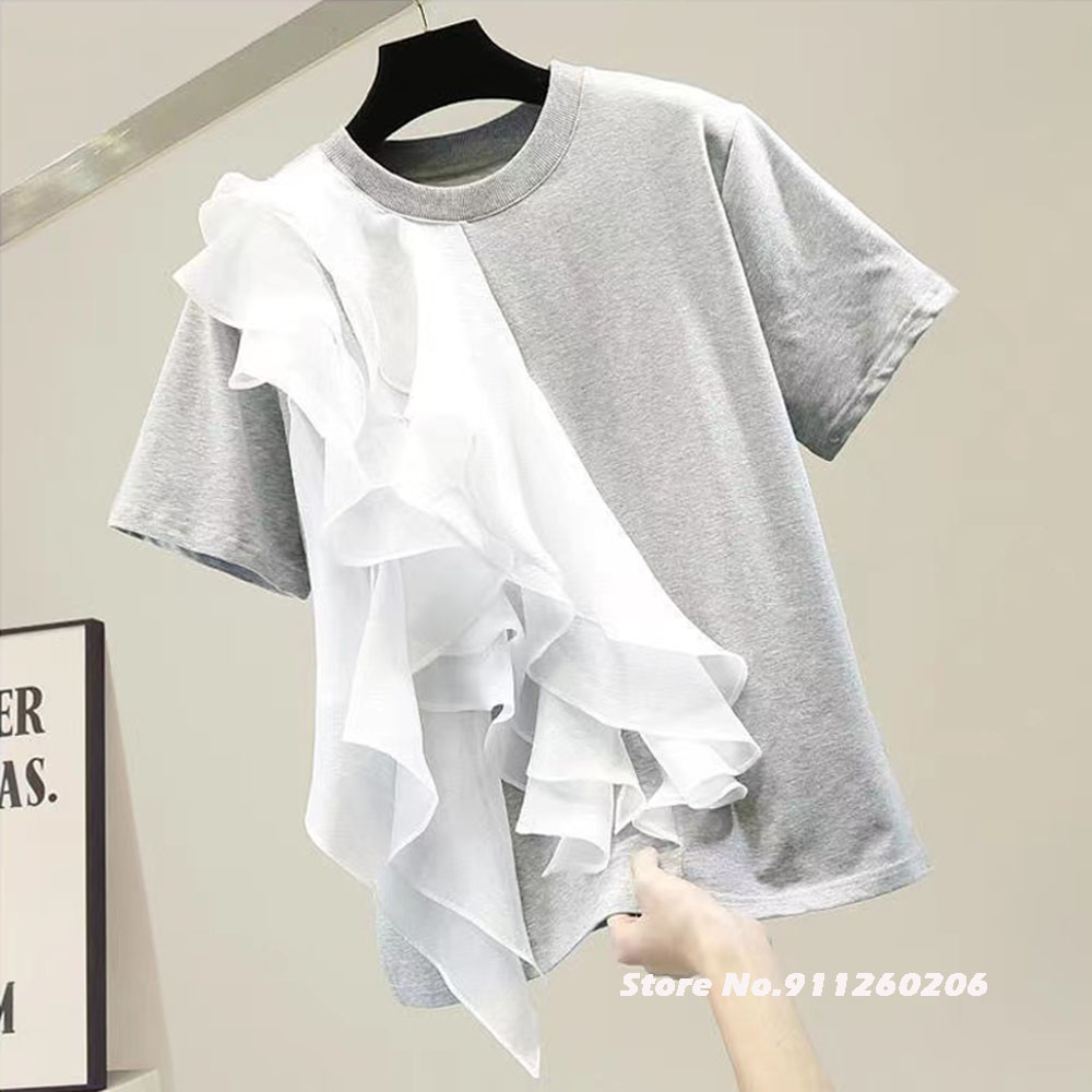 T-shirt manches courtes col rond femme, blanc, à volants, patchwork, décontracté, à la mode, nouvelle collection été 2022