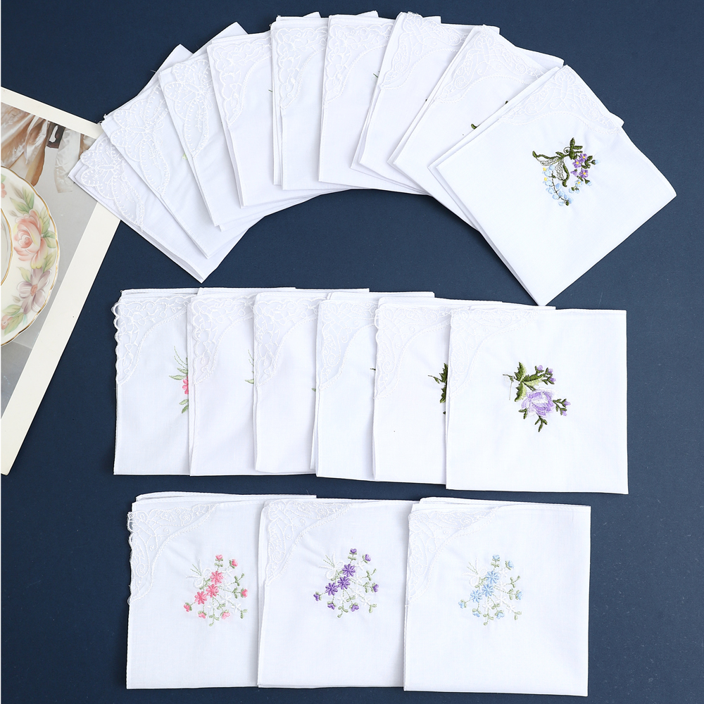 Lot de 12 mouchoirs brodés en dentelle élégante pour femme, mouchoirs en pur coton, fins et doux, souvenirs de mariée pour la saison du mariage, cadeaux pour la fête des mères