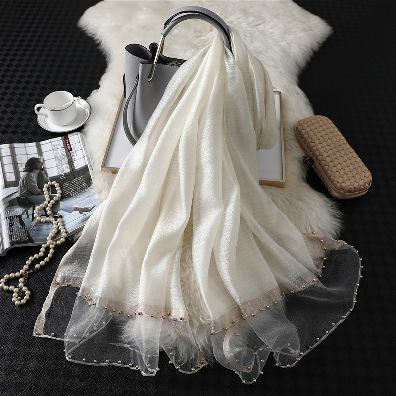 Mode nouvelles femmes soie coton mélange écharpe châle plaine doux sauvage perlé Turban Match luxe dames voyage Protection solaire foulards