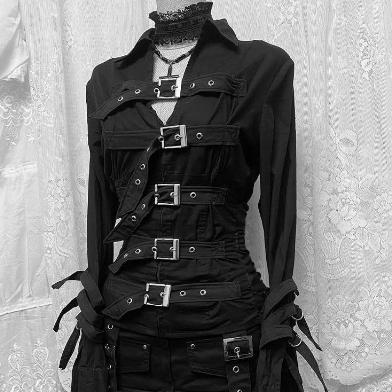 Veste noire à manches longues style gothique coréen, coupe ajustée rétro, streetwear pour femme, haut américain asymétrique élégant, vintage sombre