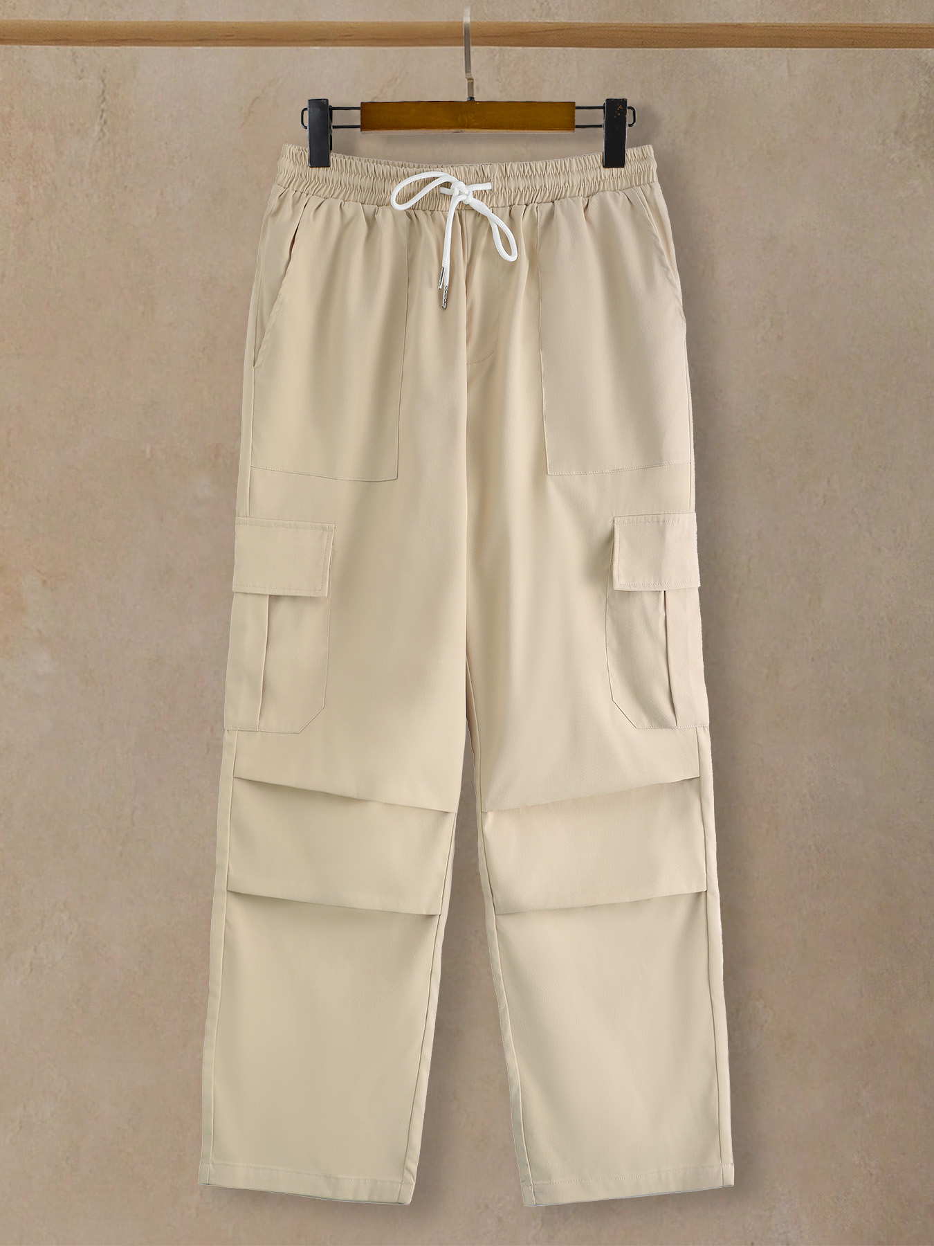 Pantalon cargo ample à cordon de serrage multi-poches kaki pour homme, pantalon décontracté droit pour l'été