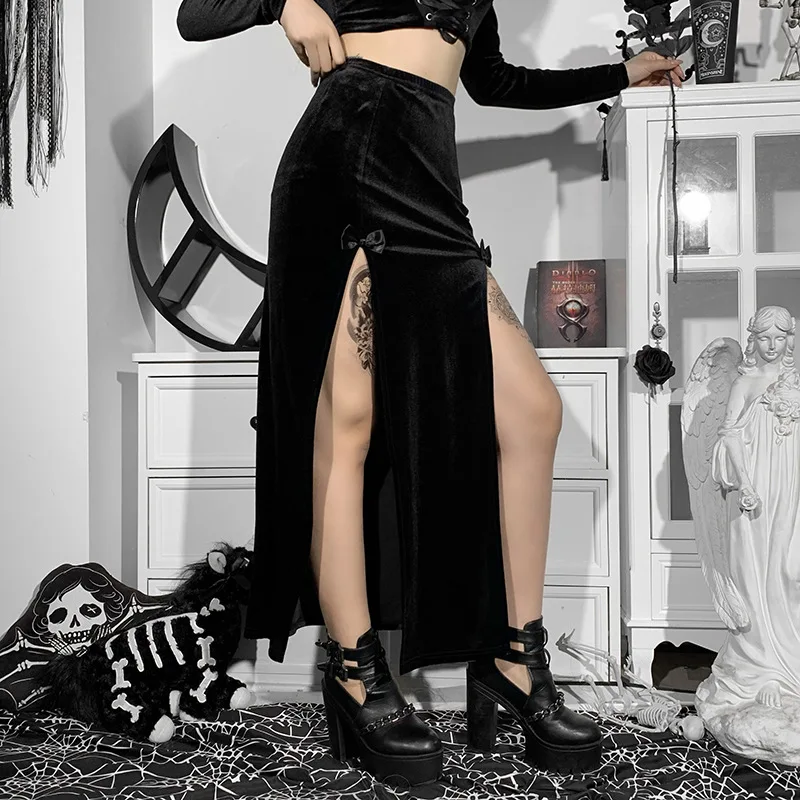 Jupe longue de fête chic pour femme, style punk, nouvelle collection, taille haute, coupe ajustée, avec nœud sexy et fente latérale, longueur genou, idéale pour Halloween
