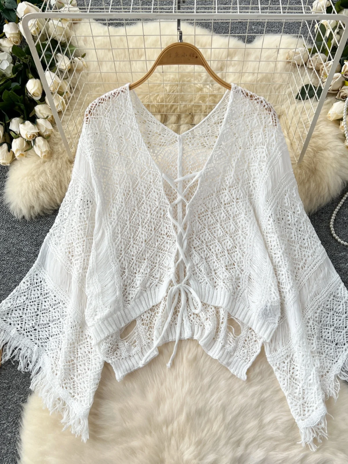 Cardigans de plage Boho pour femmes, Cardigan tricoté ajouré au Crochet, haut court à lacets, manteau à manches longues, livraison directe