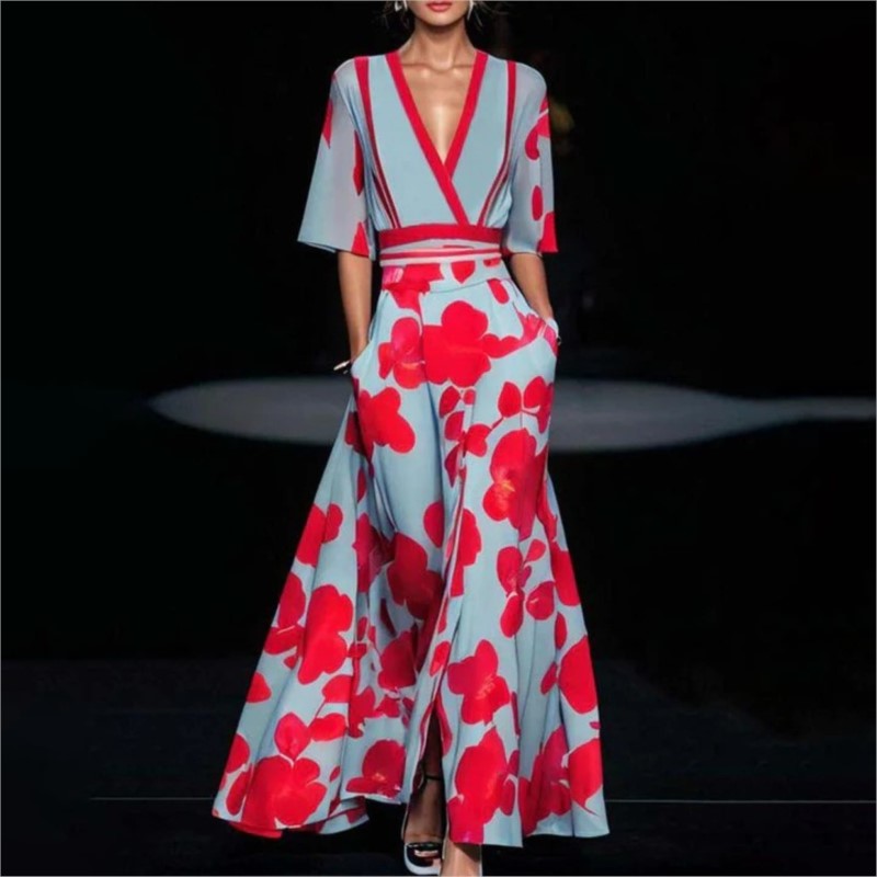 Robe longue de soirée avec ceinture, col en V, imprimé, Sexy, ligne a, style Boho, manches courtes, poches, Maxi, mode printemps 2024