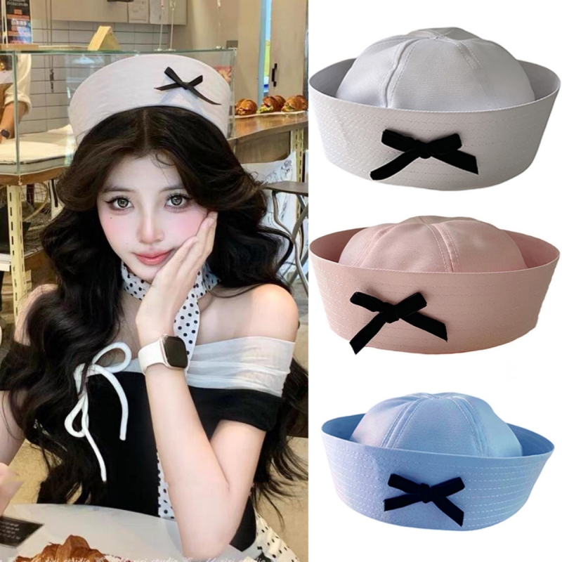 Béret à nœud Y2K rose, blanc et bleu marine, casquette dôme, chapeau de marin à visière rabattable, chapeau d'infirmière pour cosplay, chapeaux d'uniforme Y2K style doux, chapeau d'infirmière pour cosplay