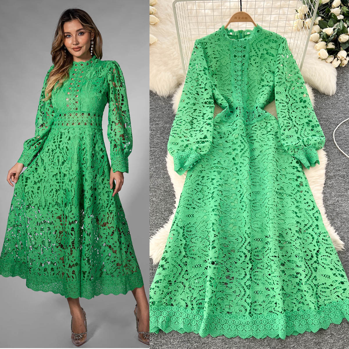Robe longue en dentelle pour femmes, manches lanternes, ligne A, ajourée, taille haute, Streetwear, épissure élégante, mariage Y2k, blanc