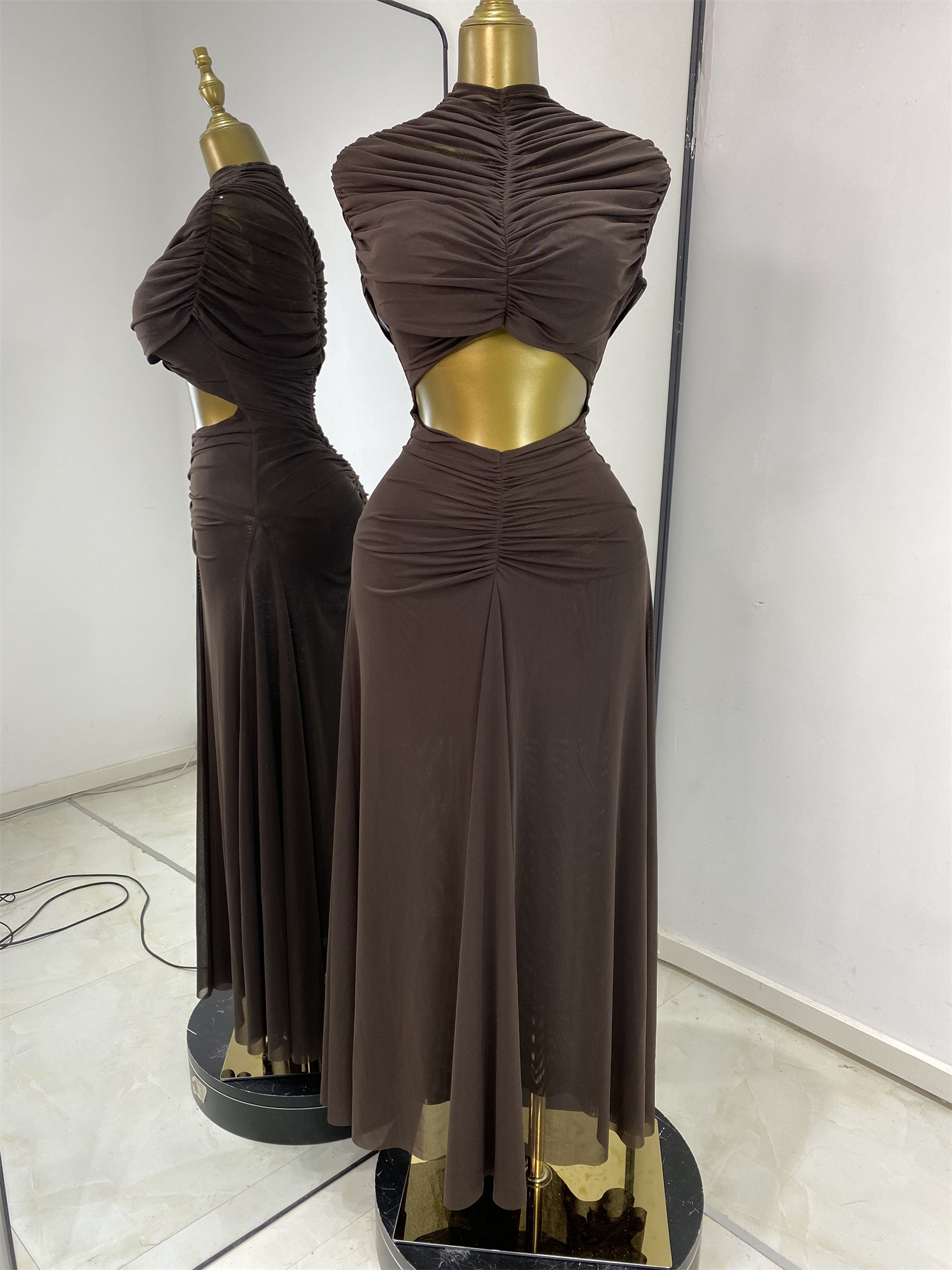 Robes de soirée femme élégante marron transparent drapé découpé Maxi robe longue douce confortable haute rue sortir robe de vacances