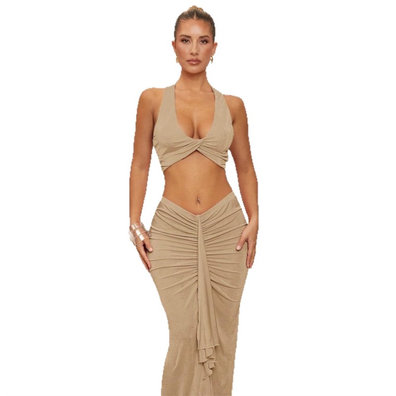 Ensemble deux pièces pour femme, tenue fendue, Slim, couleur unie, écharpe plissée, ensembles assortis, vêtements de plage Sexy, jupes de vacances, gilet, nouvelle collection