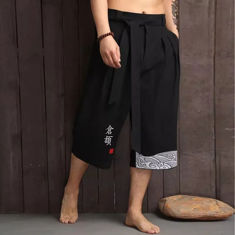 Pantalon traditionnel japonais pour homme, vêtement asiatique, pantalon de bain décontracté ample, style japonais Yukata, pantalon court en lin