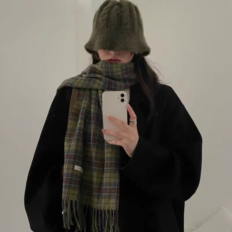 Écharpe à carreaux pour femmes, châle chaud et Long en Tartan vert, enveloppe de voyage de Style coréen, hiver