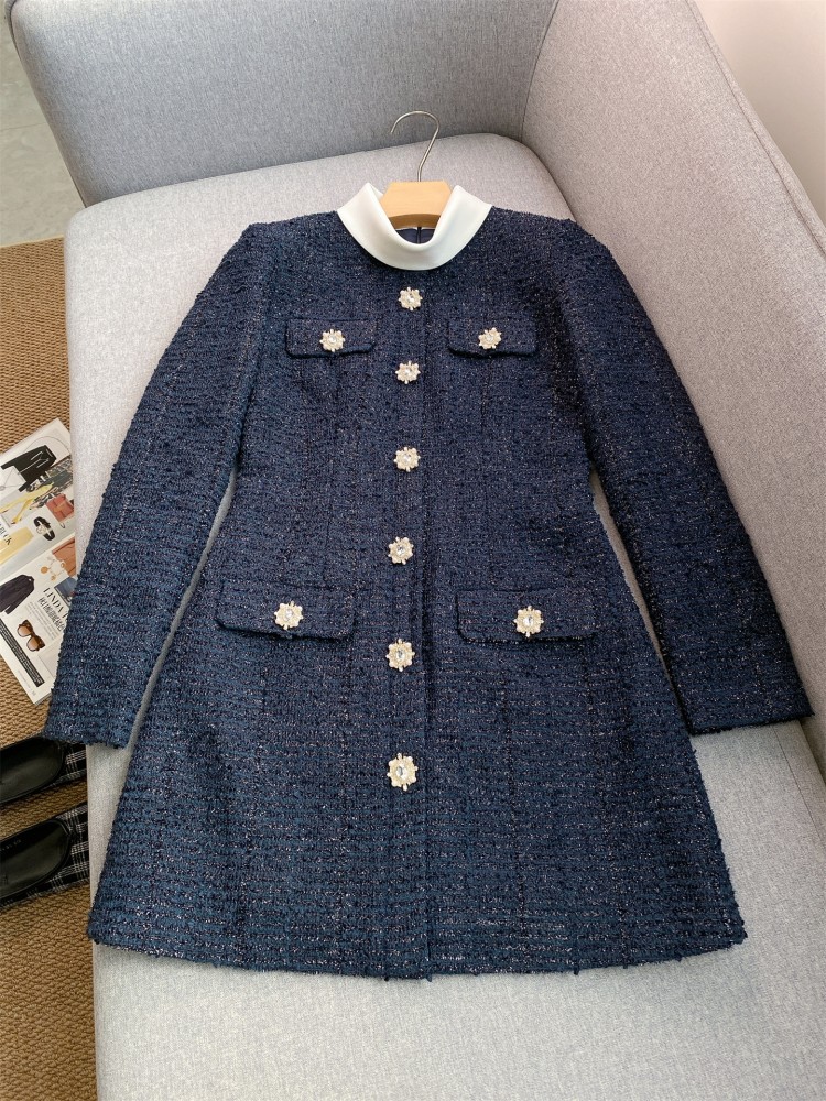 Robe Mini en Tweed pour Femme, Coupe Ajustée, Taille Haute, Col Montant, Manches Longues, Élégante, Coupe Évasée, Style Printemps, Idéale pour le Bureau