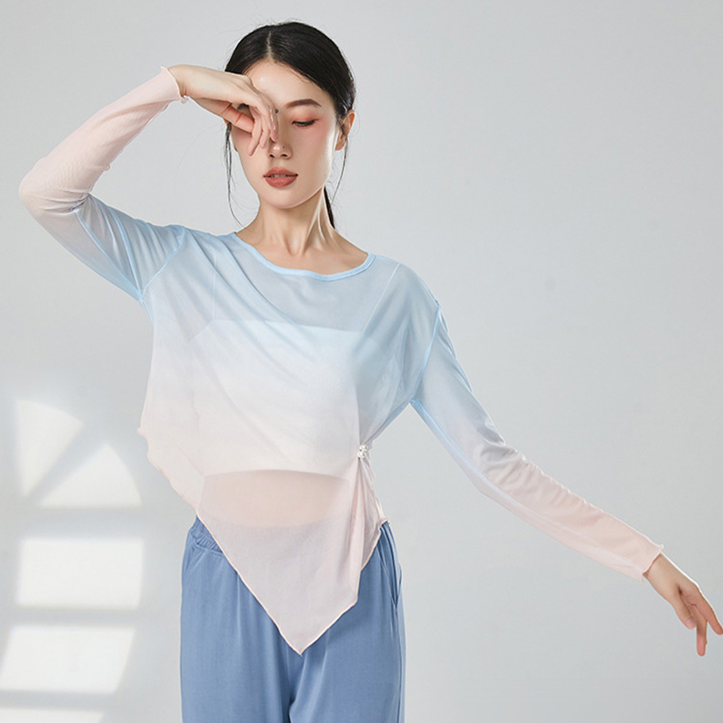 Tenues de danse classique pour femmes, haut en maille, chemise en tulle, document nickel é, ourlet irrégulier, chemisier à col rond mince, vêtements de performance modernes