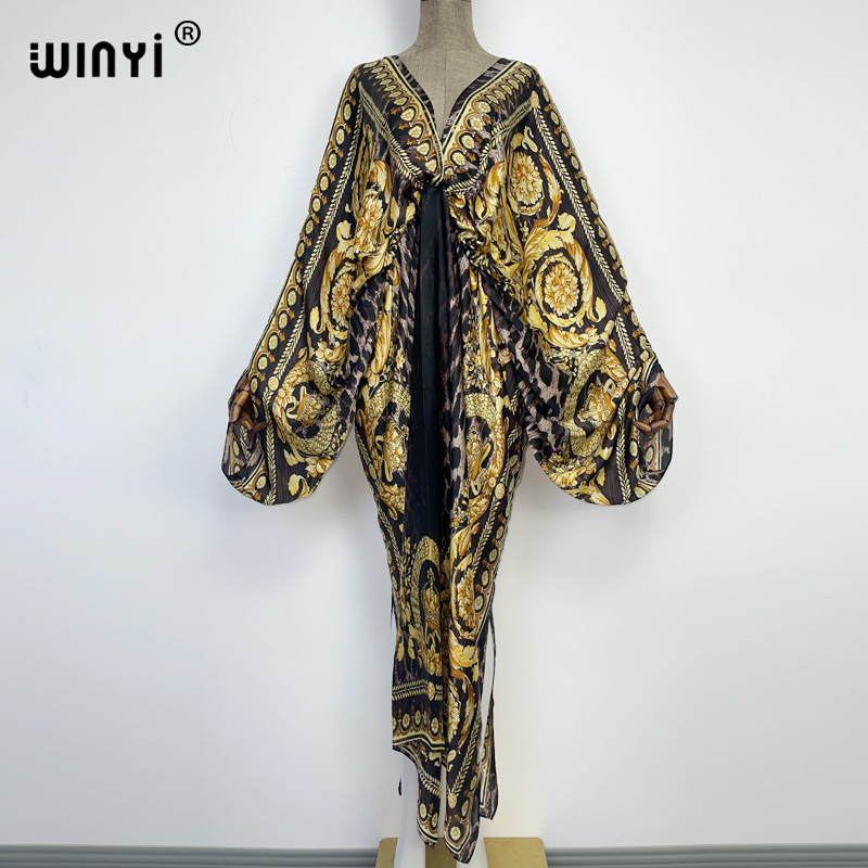 WINYI-Robe longue de plage style bohème pour femmes, caftan sexy, sensation soie, rayonne, imprimé à la mode, 2021