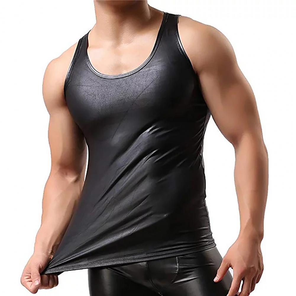 Hommes Club gilet couleur unie Surface lisse coupe ajustée sans manches col rond Faux cuir PClub débardeur hommes vêtements t-shirt homme