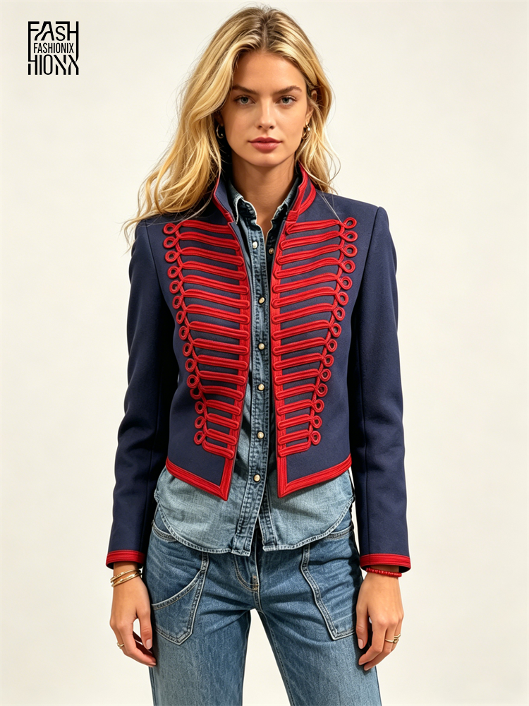 Veste de style Napoléon pour femme, manteau court à col montant et bordure tressée, vêtement d'extérieur tendance pour le printemps, nouvelle collection