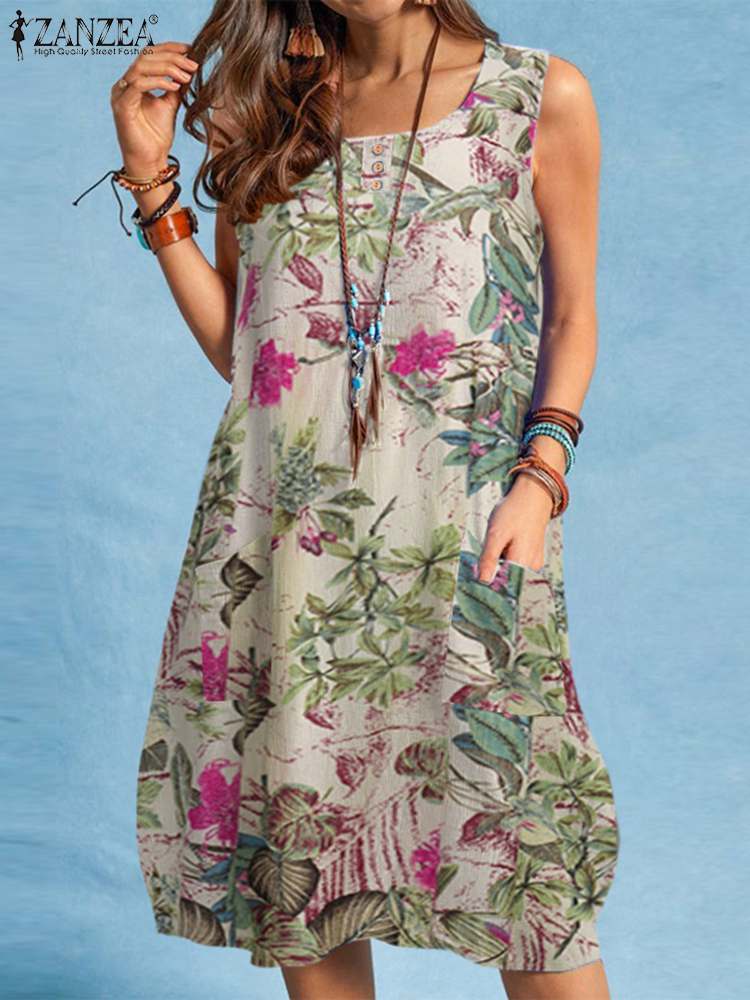 ZANZEA bohème Robe de plage été Vintage imprimé fleuri Robe d'été femmes sans manches genou longueur Robe vacances robes Sarafans