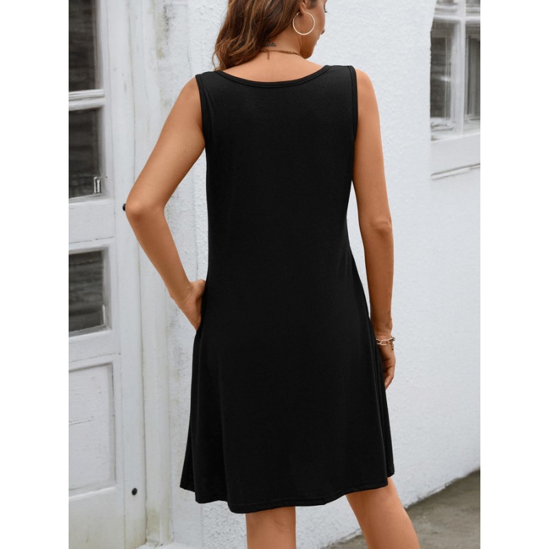 Robe trapèze à trois boutons pour femmes, couleur unie, col en v, sans manches, décontractée et confortable, à la mode