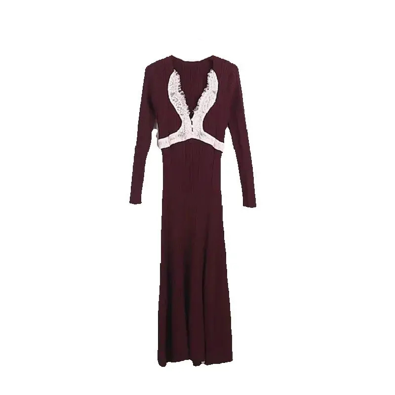 Nouvelle Robe Longue Tricotée Femme Printemps à Col Carré et Dentelle, Manches Longues, Coupe Ajustée, Jupe Sirène Longue, Haute Qualité, Tendance et Sexy