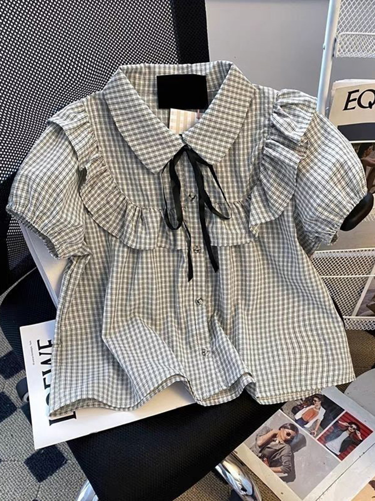Chemisier à carreaux mignon à volants pour femme, avec manches bouffantes et nœud à lacets, style preppy japonais, mode printemps-été, hauts Kawaii pour femme