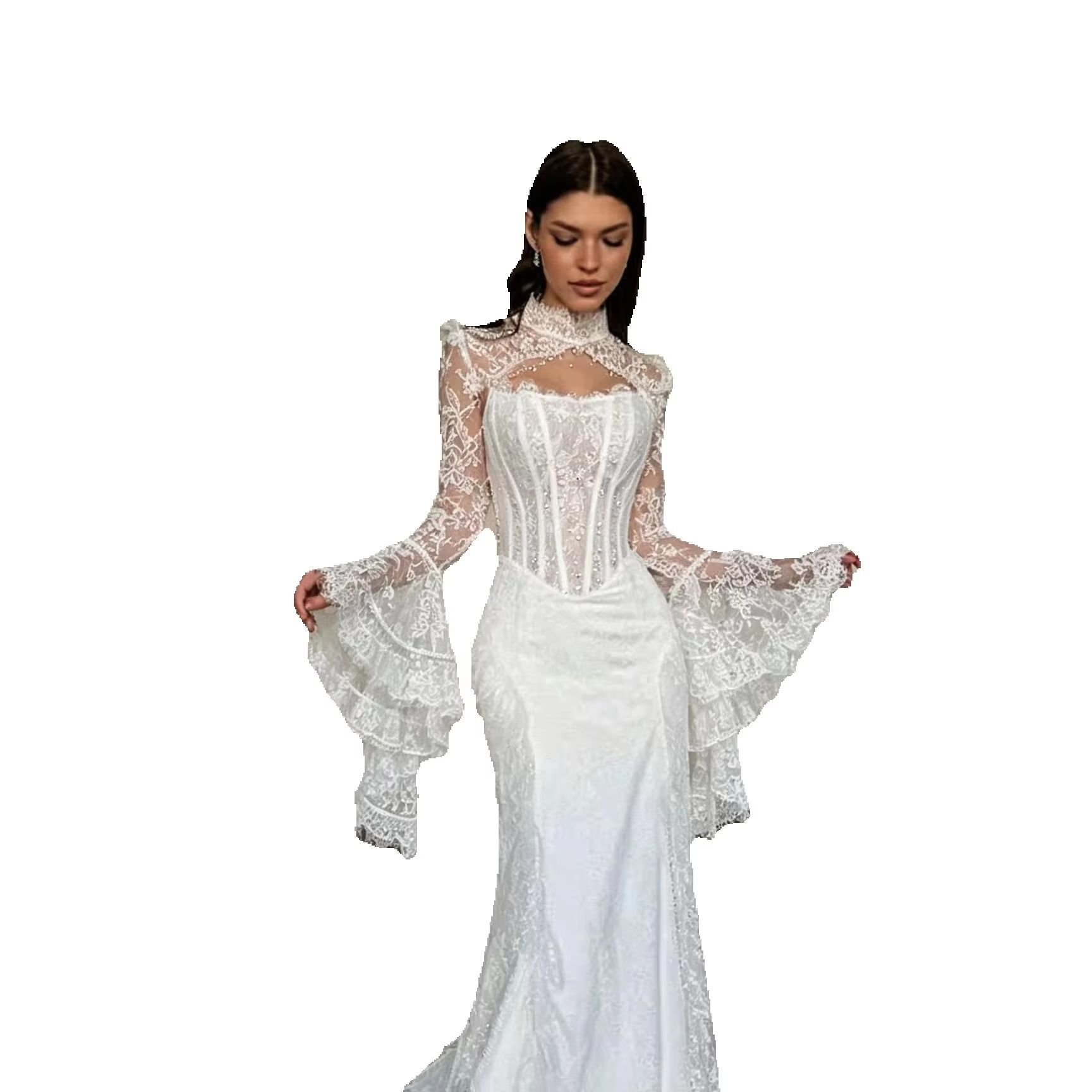Élégant boléro de mariée à col montant, en dentelle vintage, à volants superposés, manches longues cloche, en maille transparente, style corset, pour cérémonie de mariage et banquet