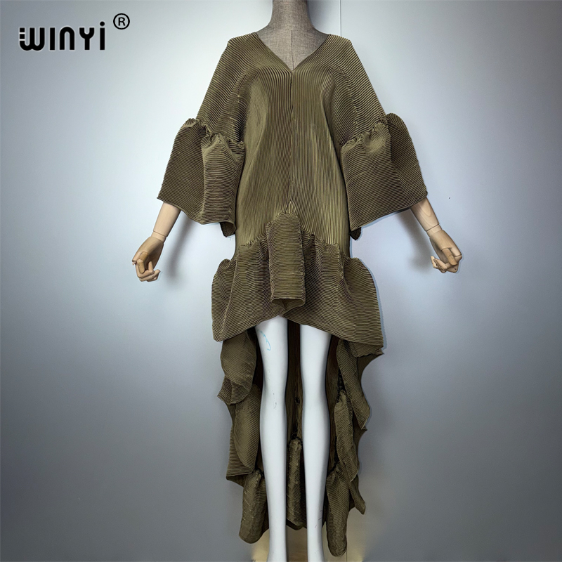 WINYI Robe Kaftan Maxi Bohème Style Moyen-Orient Élégante Plissée Robe de Plage Dubaï Abaya Robe de Soirée de Luxe Élastique