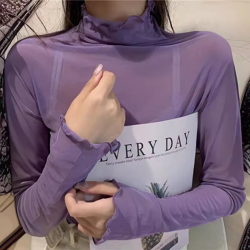 Chemise à Base en maille et dentelle pour femmes, manches longues, col haut, Protection solaire, vêtements intérieurs, couleur Pure, superposition supérieure à la mode